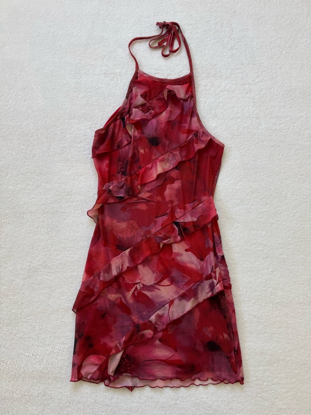 Red Floral Ruffle Halter Dress